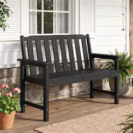 Gymax - 2-Person All Weather HDPE Outdoor Garden Bench w/Backrest & Armrests for Lawn - Black