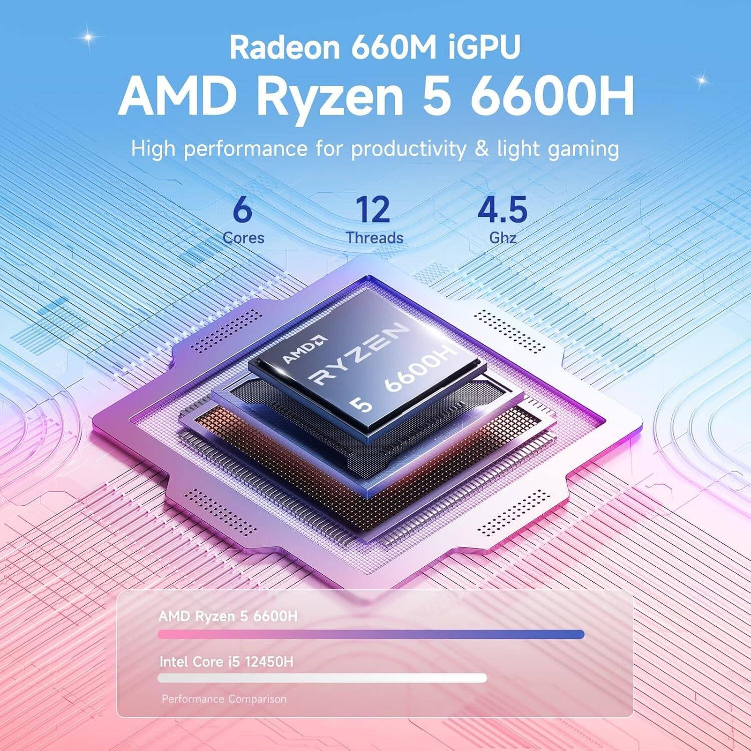 Radeon 660M iGPU  
AMD Ryzen 5 6600H  
High performance for productivity & light gaming  
6 Cores  
12 Threads  
4.5 GHz  

AMD Ryzen 5 6600H  
Intel Core i5 12450H  
Performance Comparison