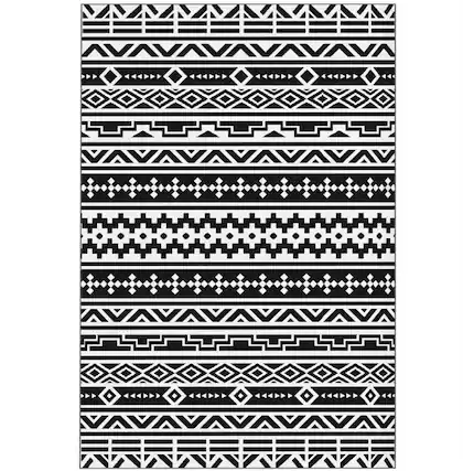 Front. HTUTWOO - 6' x 9' Outdoor Reversible Rug - Waterproof Plastic Straw Patio Mat with Carry Bag, Foldable Camping Carpet, - Black White.