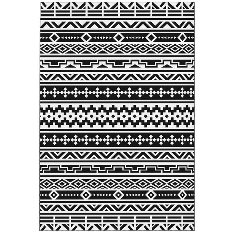 Front. HTUTWOO - 6' x 9' Outdoor Reversible Rug - Waterproof Plastic Straw Patio Mat with Carry Bag, Foldable Camping Carpet, - Black White.