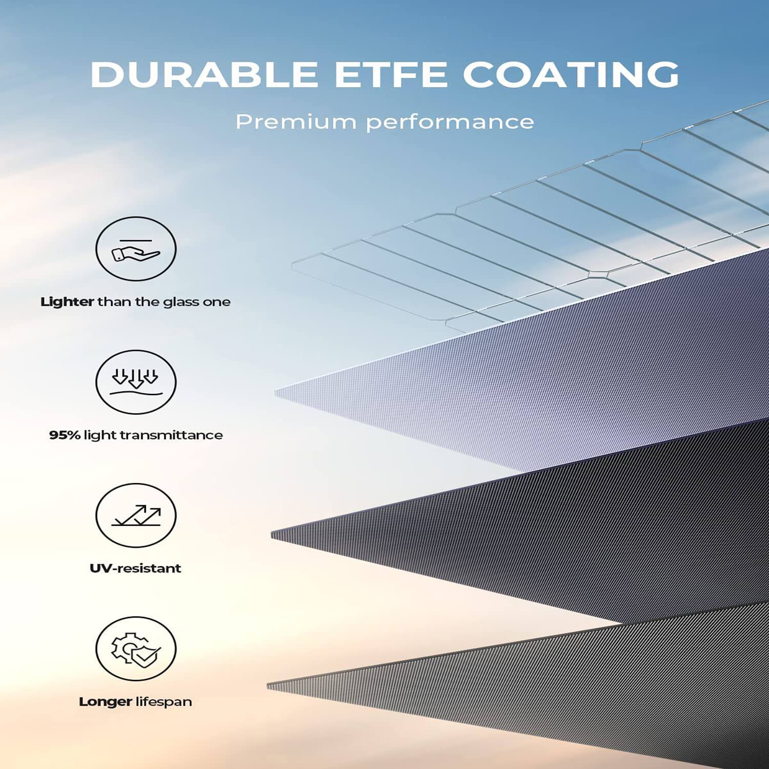 DURABLE ETFE COATING
Premium performance
Lighter than the glass one
95% light transmittance
UV-resistant
Longer lifespan