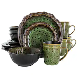 Elama - Jade Waves 16 Piece Stoneware Dinnerware Set - Green