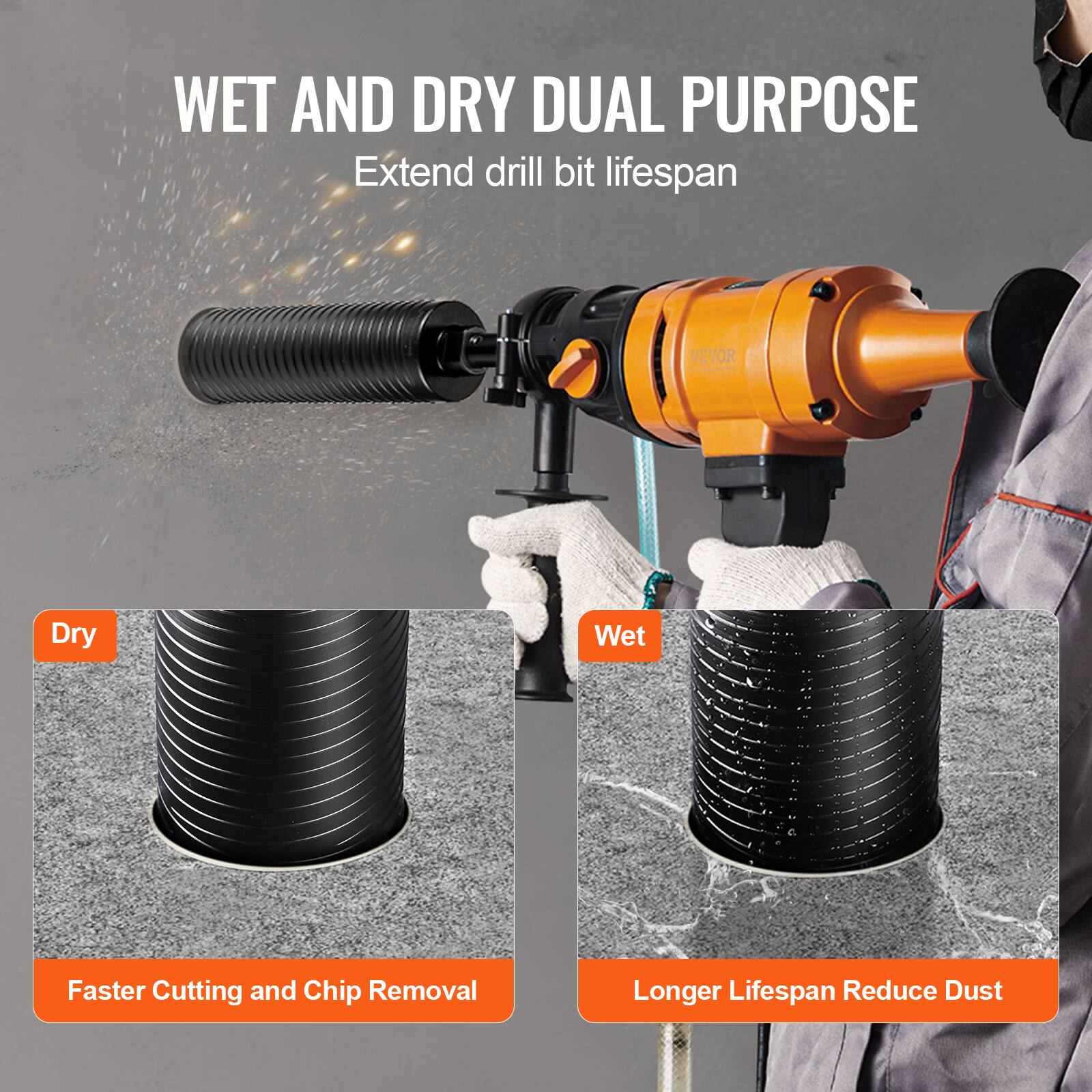 WET AND DRY DUAL PURPOSE  
Extend drill bit lifespan  

Dry  
Faster Cutting and Chip Removal  

Wet  
Longer Lifespan Reduce Dust