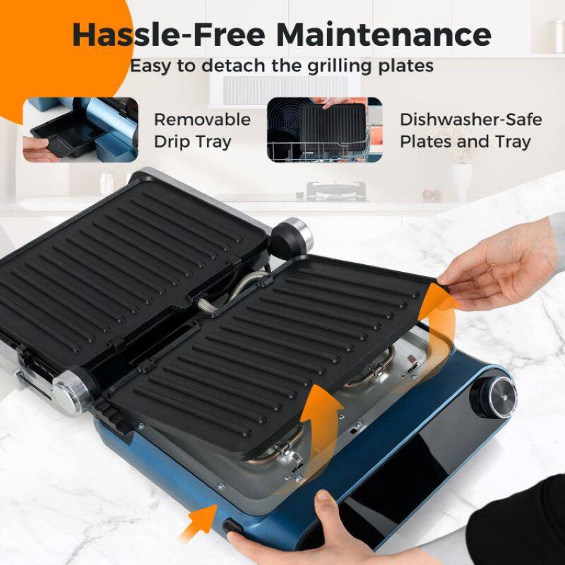 Hassle-Free Maintenance  
Easy to detach the grilling plates  

- Removable Drip Tray  
- Dishwasher-Safe Plates and Tray