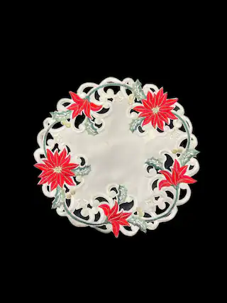 Front. Jiallo - Christmas Poinsettia Embroidered Cutwork Round Placemat, 12-Inch diameter Table Linen - Beige.