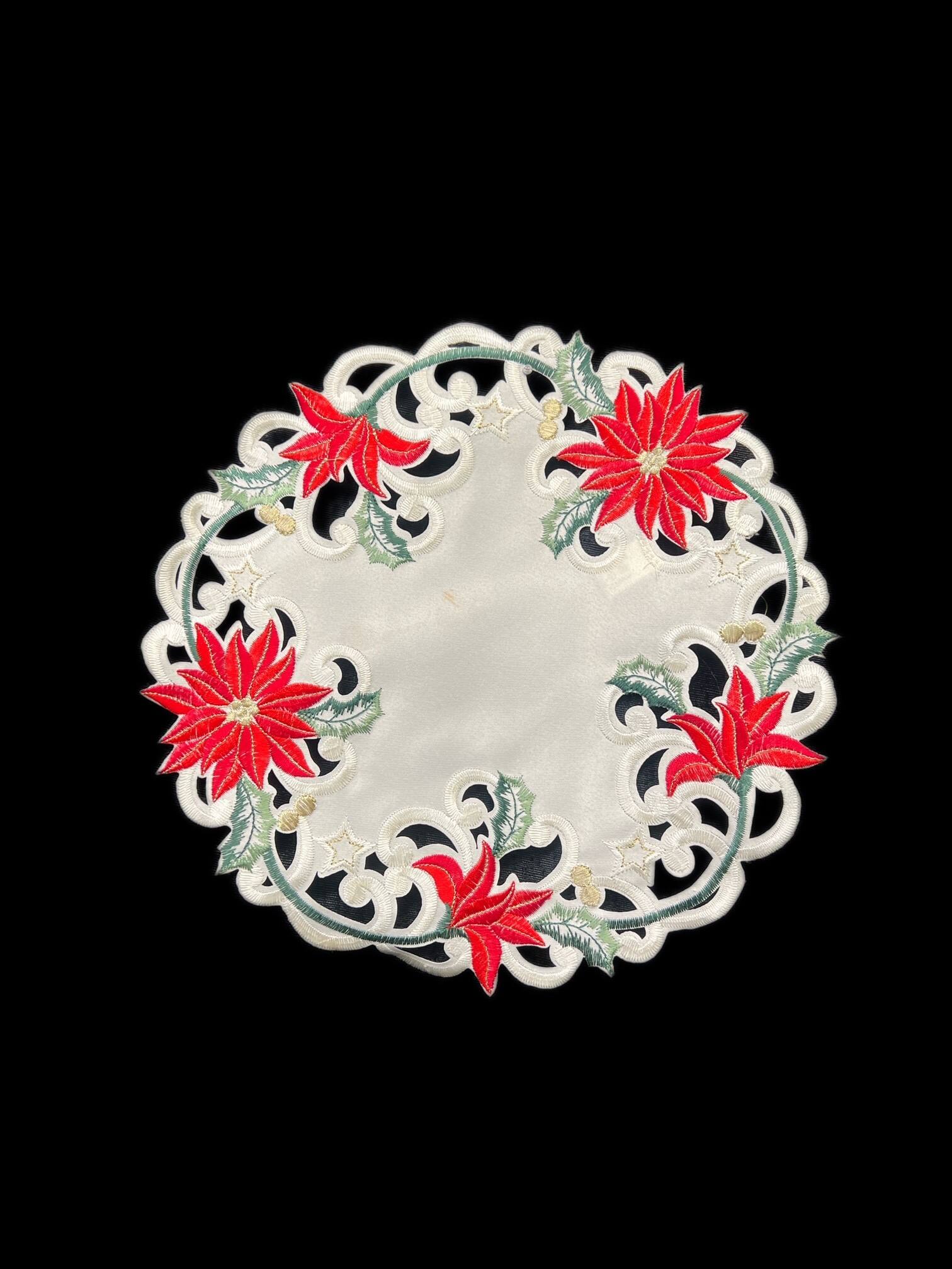 Front. Jiallo - Christmas Poinsettia Embroidered Cutwork Round Placemat, 12-Inch diameter Table Linen - Beige.