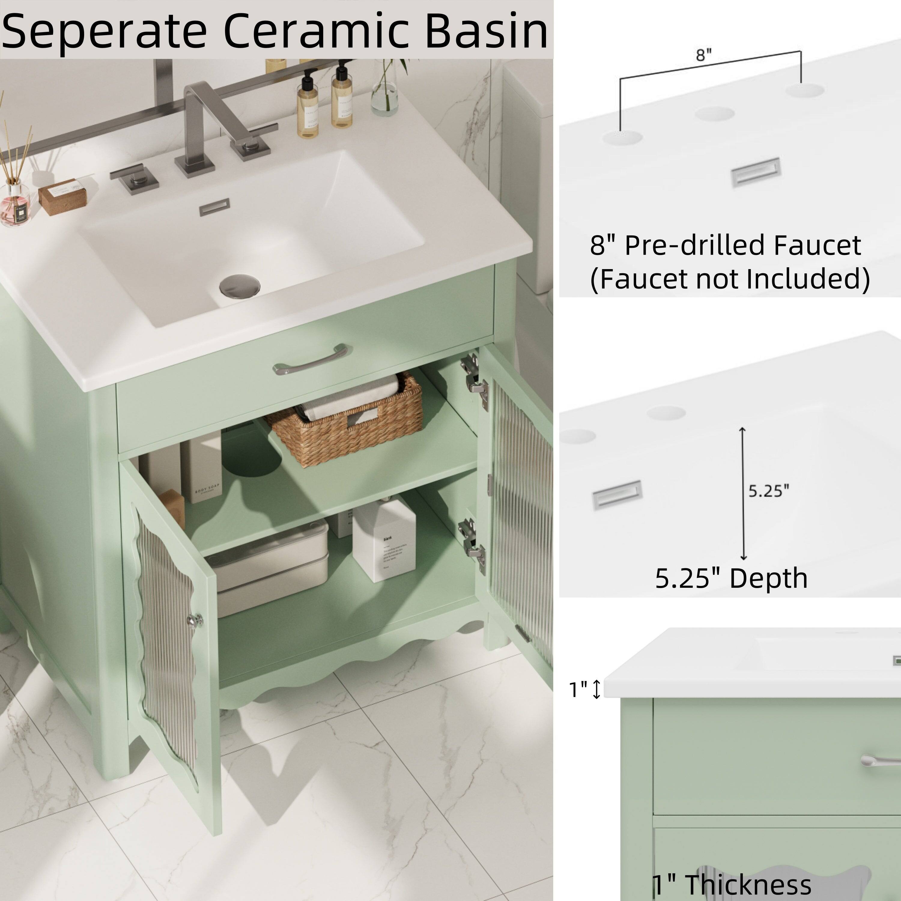 Seperate Ceramic Basin

8" Pre-drilled Faucet (Faucet not Included)

5.25" Depth

1" Thickness