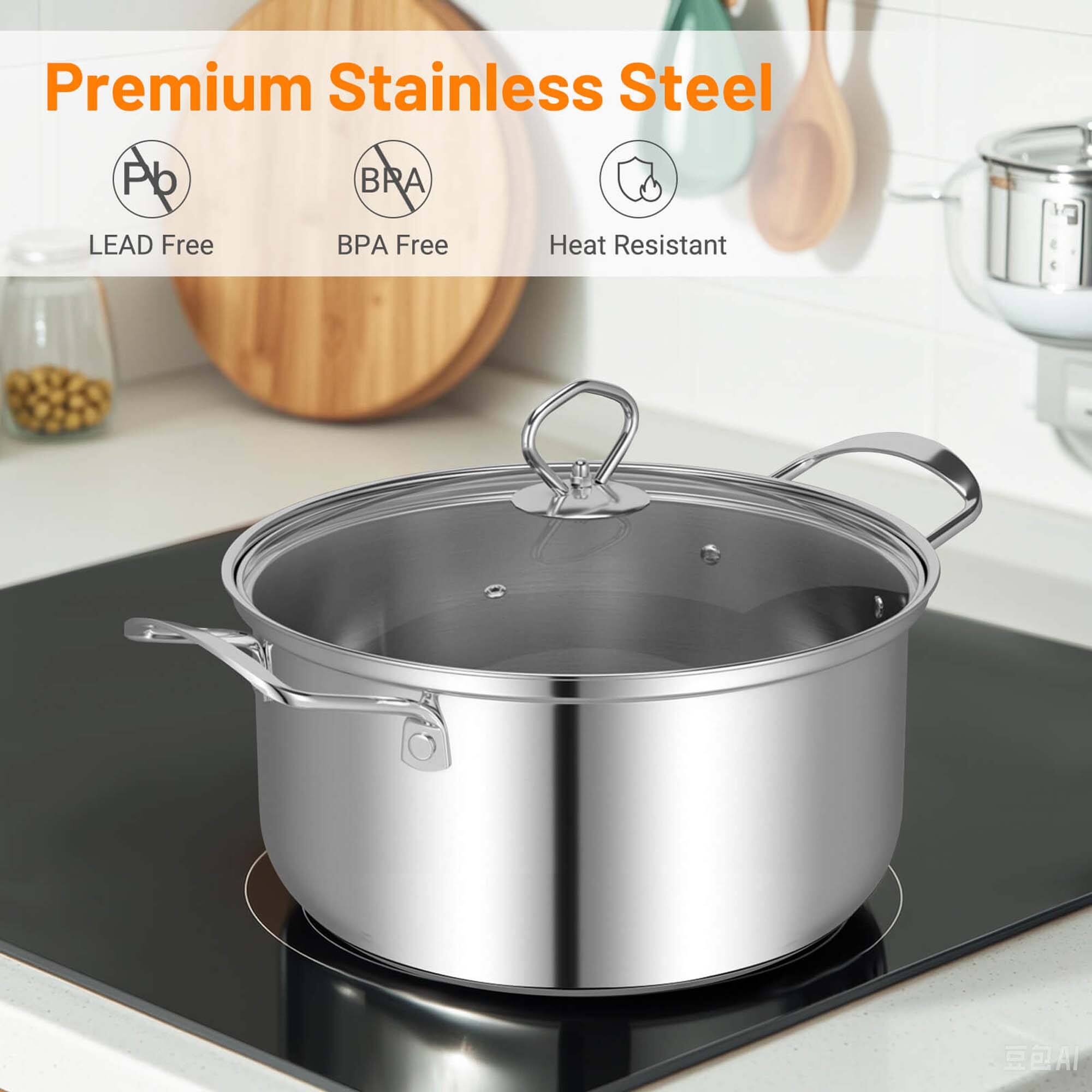 Premium Stainless Steel Pot with Lid - Lead Free, BPA Free, Heat Resistant.