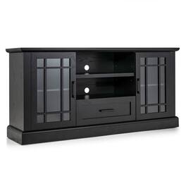 Pefilos - TV Stand for TVs up to 70 with Glass Doors Cubbies and Drawer- Mid Century Modern TV Stand for Living Room Bedroom - Black