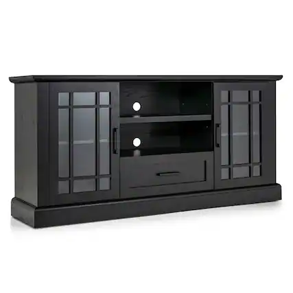 Front. Pefilos - TV Stand for TVs up to 70 with Glass Doors Cubbies and Drawer-Black, Mid Century Modern TV Stand for Living Room Bedroom - Black.