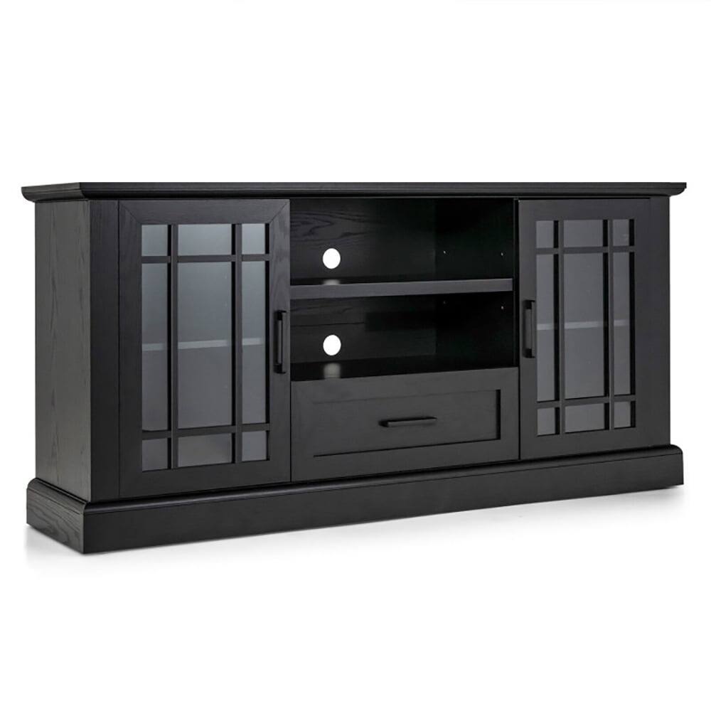 Front. Pefilos - TV Stand for TVs up to 70 with Glass Doors Cubbies and Drawer-Black, Mid Century Modern TV Stand for Living Room Bedroom - Black.