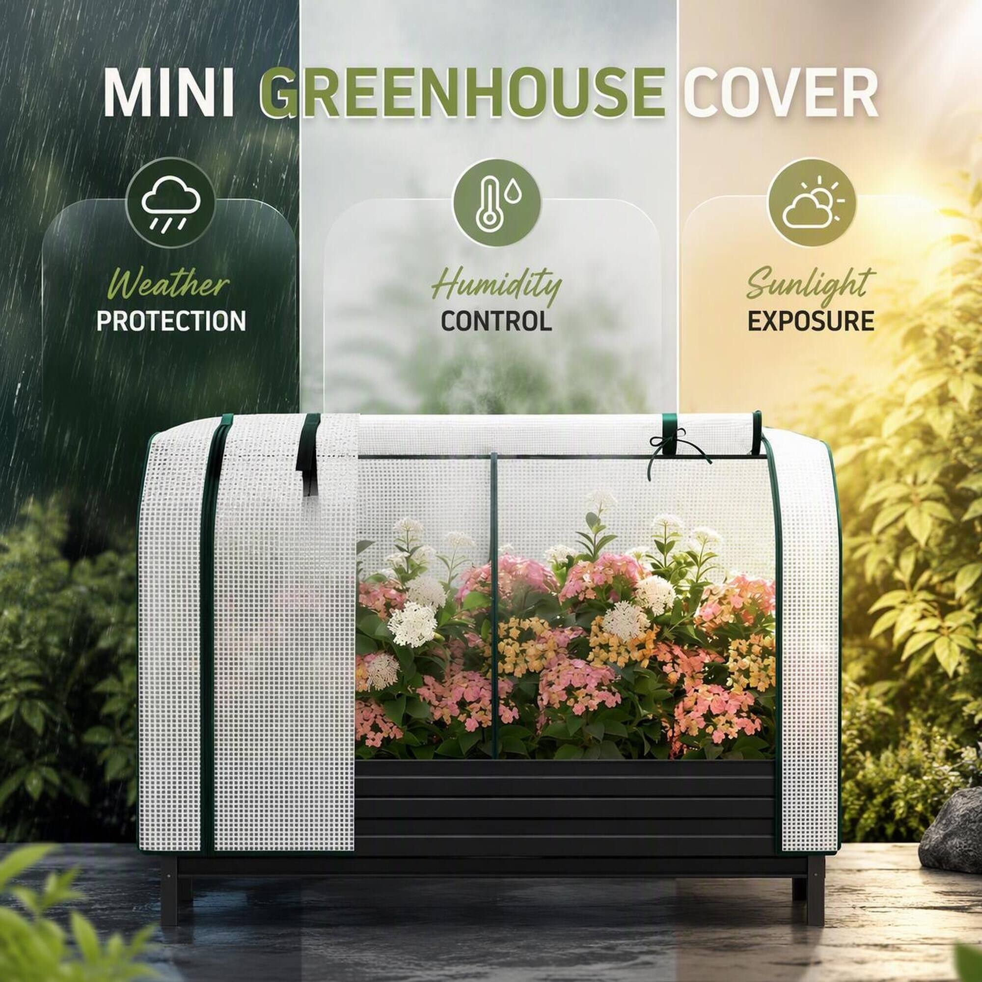MINI GREENHOUSE COVER

- Weather PROTECTION
- Humidity CONTROL
- Sunlight EXPOSURE