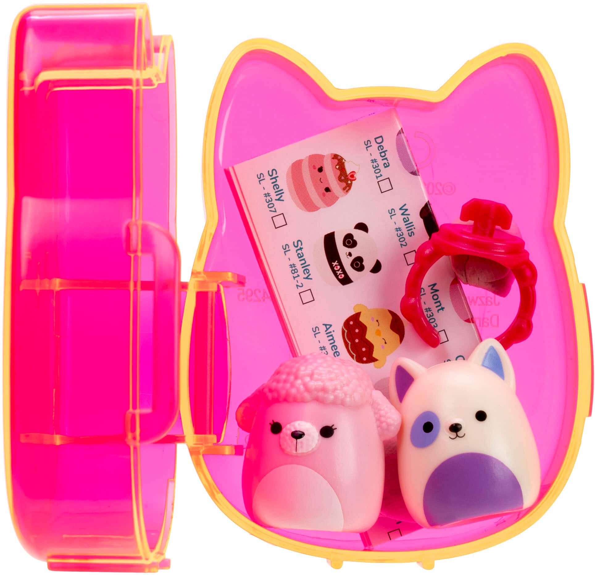 The image features a pink container with a cat on it, and it is filled with various items such as a stuffed animal, a toy, and a checklist. The checklist is placed on top of the stuffed animal, and the toy is located next to the stuffed animal. The container appears to be a toy box or a storage container for the items.