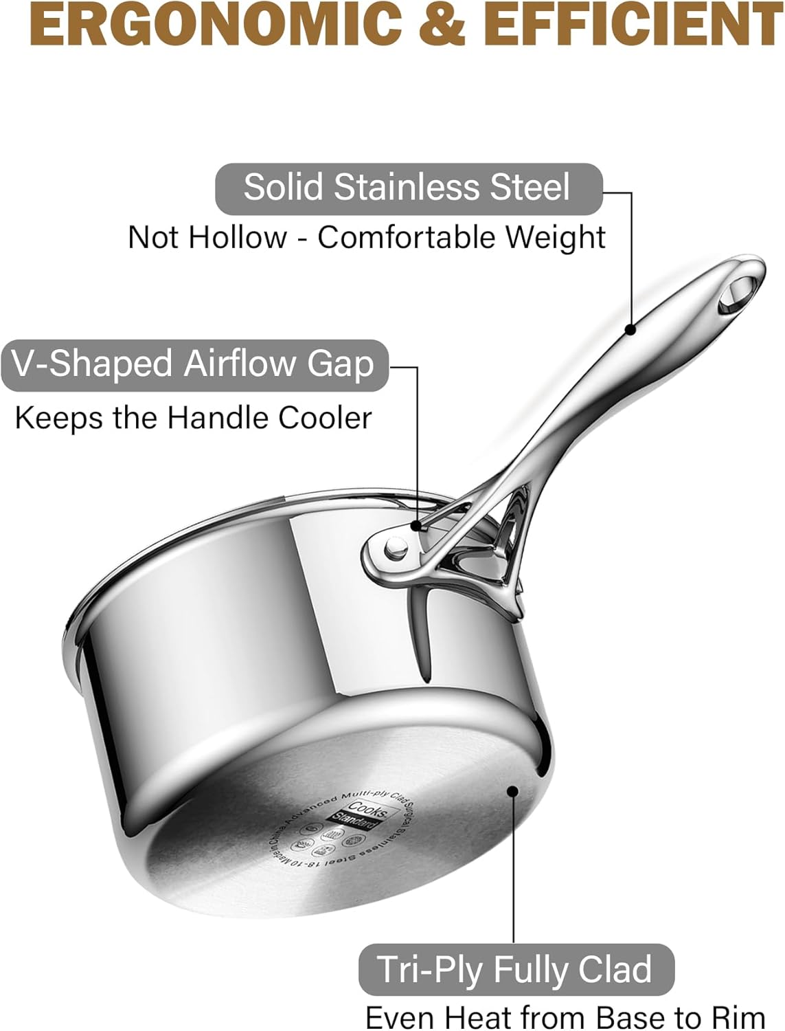 ERGONOMIC & EFFICIENT

Solid Stainless Steel
Not Hollow - Comfortable Weight

V-Shaped Airflow Gap
Keeps the Handle Cooler

Tri-Ply Fully Clad
Even Heat from Base to Rim