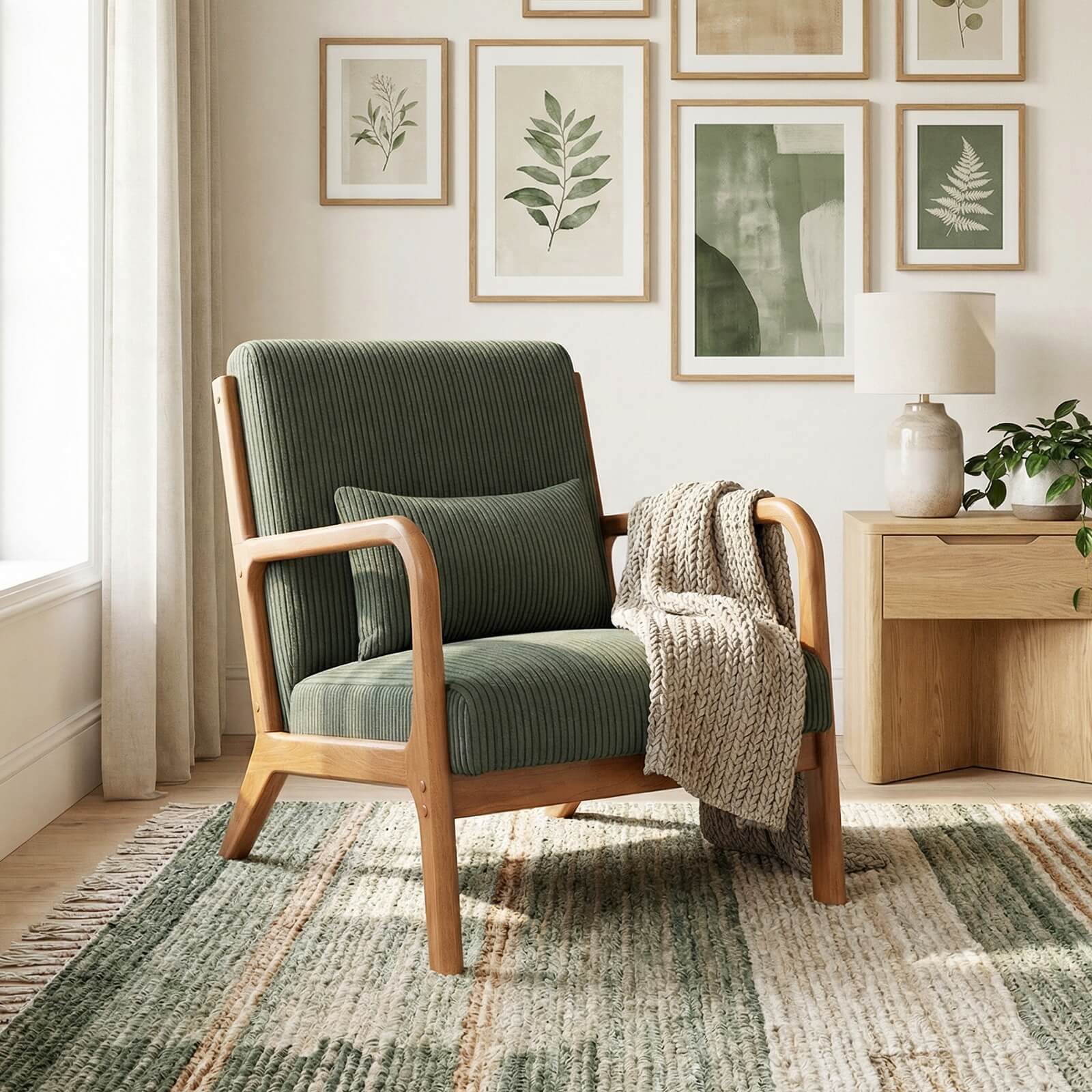 Alt View 1. Costway - Costway 2 PCS Corduroy Upholstered Lounge Chair with Rubber Wood Armrests & Lumbar Pillow - Green + Brown.