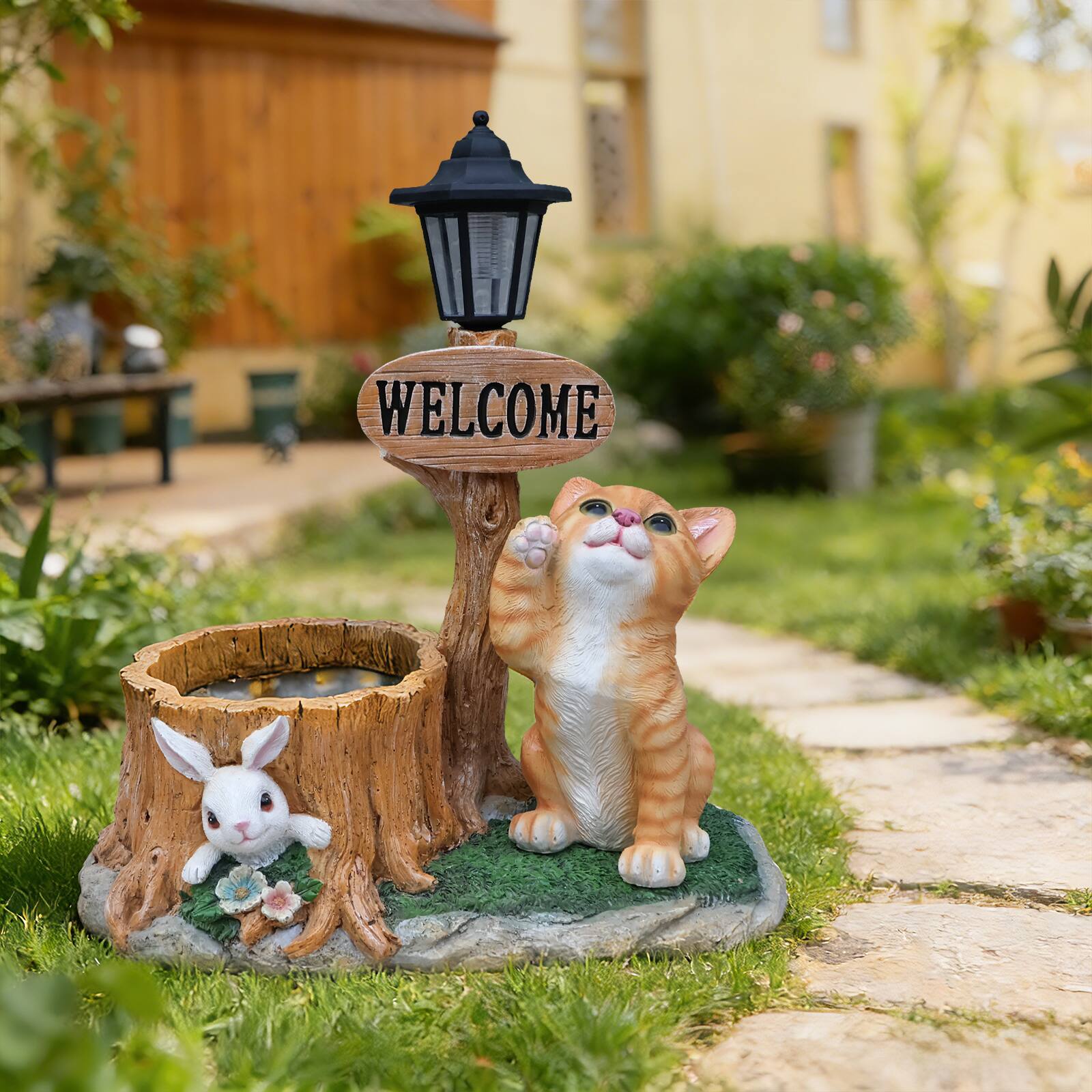 Angle. Anysun - Cute Cat Planter Statue – Garden Decor, Weather-Resistant Resin, Functional Flower Pot for Outdoor & Indoor Use - Brown.