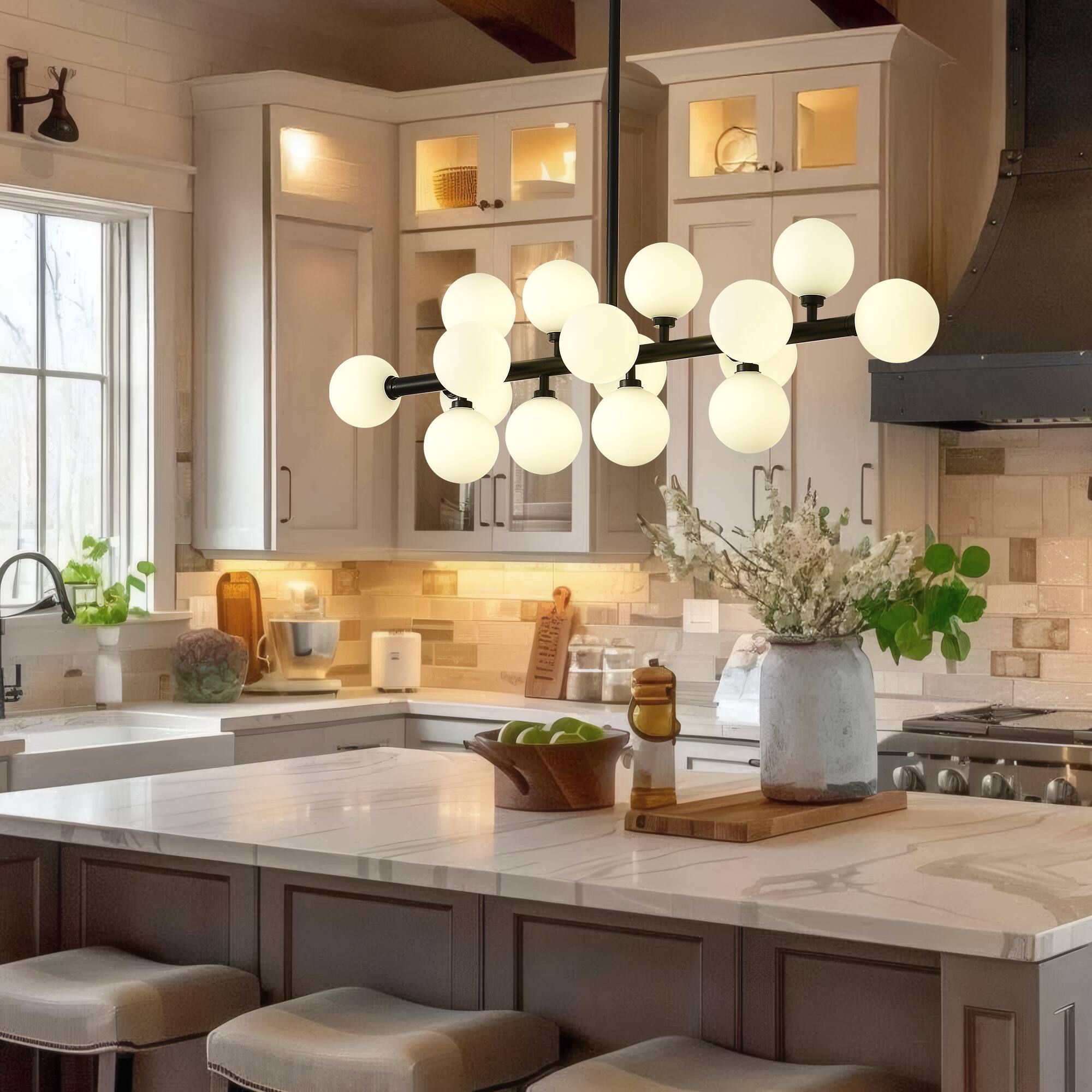 Left. RYHNUYNE - 16-Light Sputnik Chandelier 37.4 Inch Mid-Century Modern Pendant Light with Opaline Glass Adjustable Height.