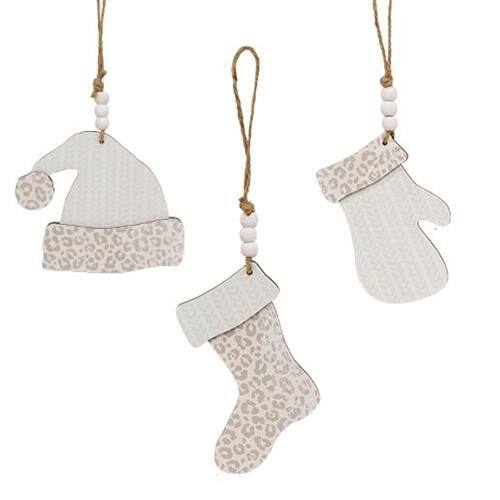 Front. BreeBe - Cheetah Print Winter Clothes Ornament 3 Asstd. - Grey, White.