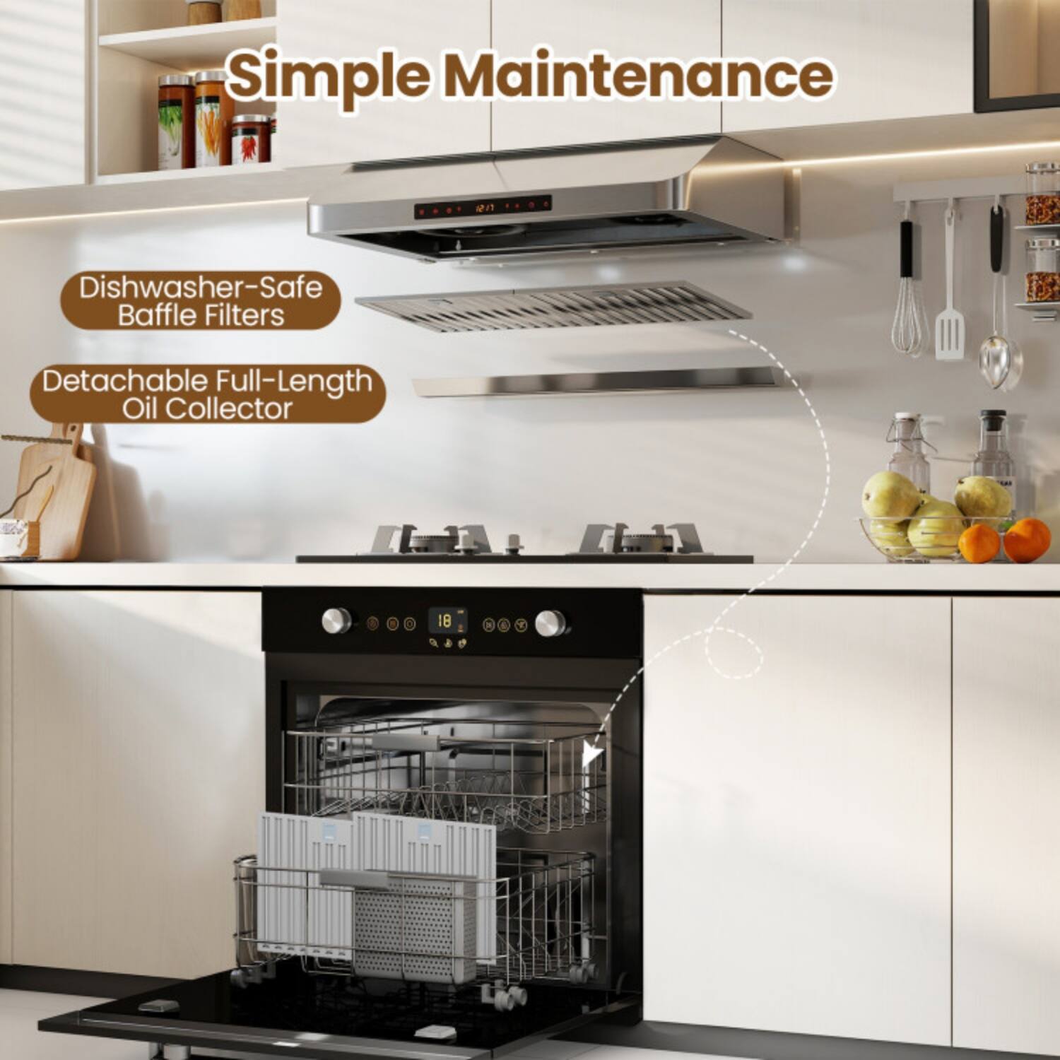 Simple Maintenance  
- Dishwasher-Safe Baffle Filters  
- Detachable Full-Length Oil Collector
