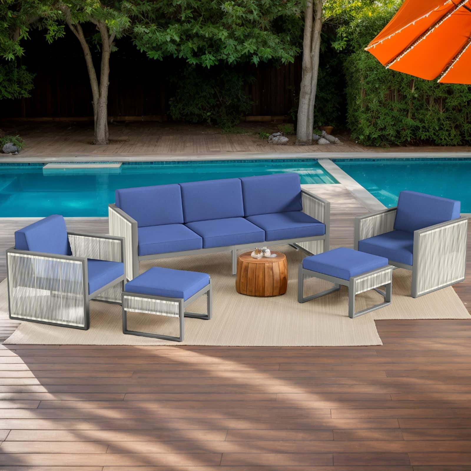 Bestier - 5-Piece Metal Outdoor Patio Conversation Sectional Seating Set with Cushions - Blue