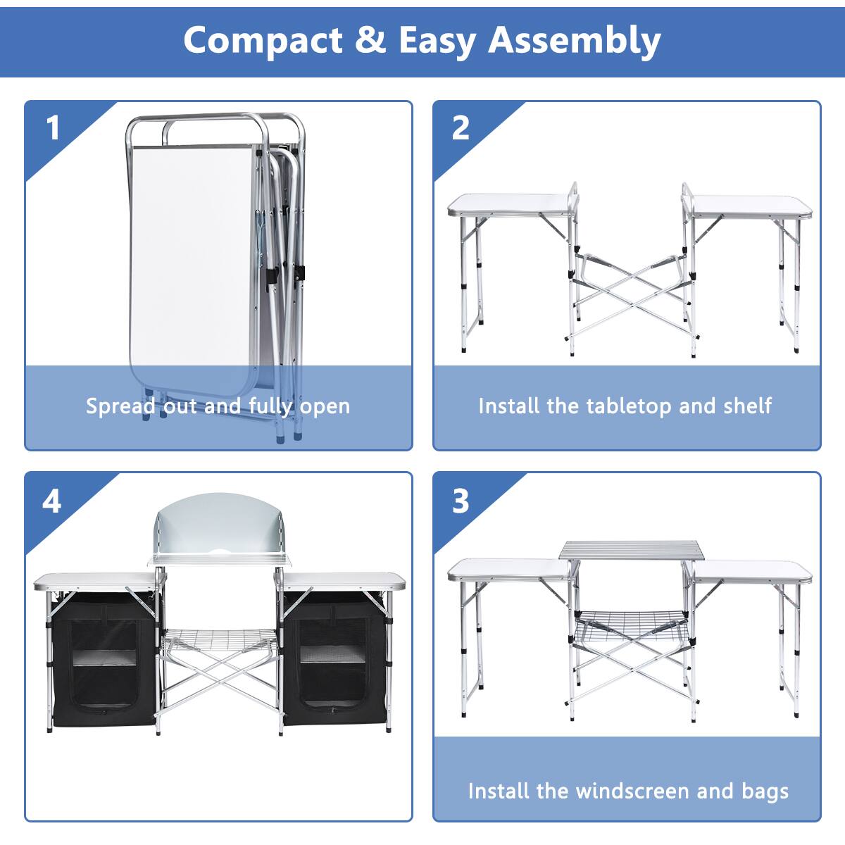 Compact & Easy Assembly 1 2 Spread out and fully open Install the tabletop and shelf 4 3 Install the windscreen and bags