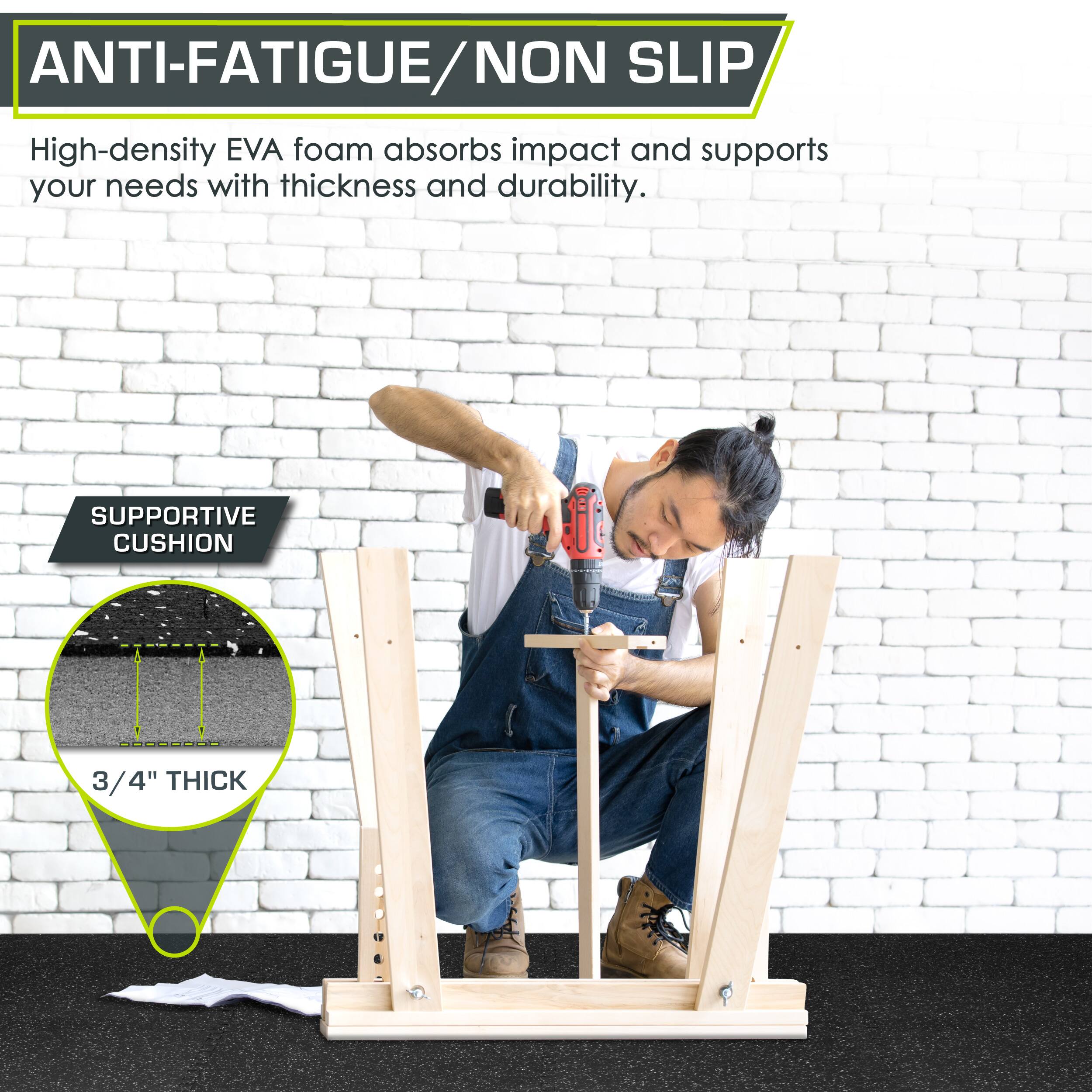 The text in the image can be grouped and corrected as follows:

**Title:**
- ANTI-FATIGUE / NON SLIP

**Description:**
- High-density EVA foam absorbs impact and supports your needs with thickness and durability.

**Features:**
- SUPPORTIVE CUSHION
- 3/4" THICK

This text highlights the product's anti-fatigue and non-slip features, emphasizing its high-density EVA foam for impact absorption and support, along with a 3/4" thick cushion.