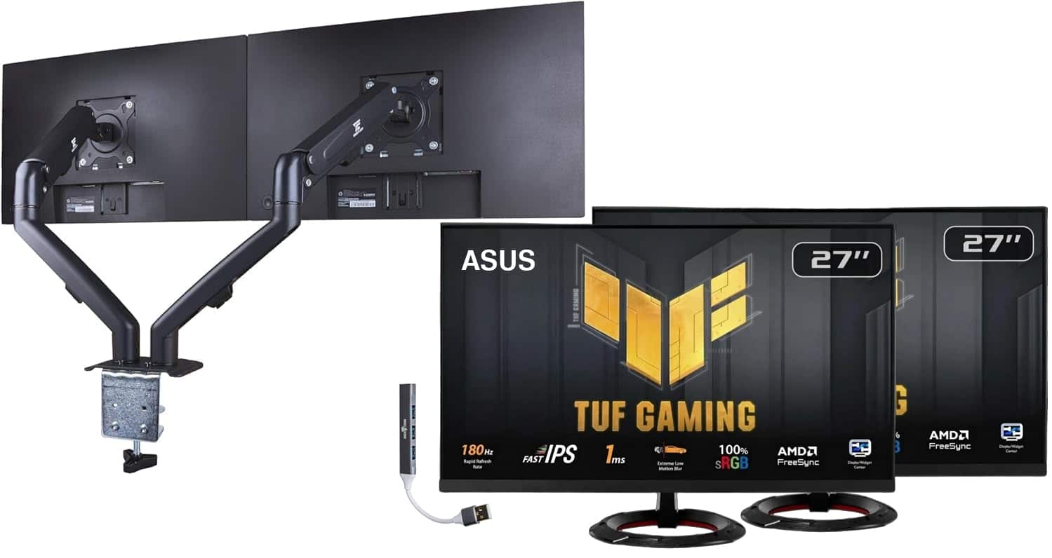 ASUS - TUF Gaming 27" FHD IPS Monitor, Anti-Glare, Flicker Free, AMD FreeSync 2 Pack w/DKZ Hub & Ergoflexy Dual Mount Arms - Black