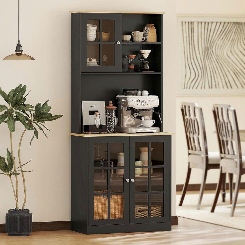 Kadyn - Kitchen Pantry Storage Cabinet, 72" Freestanding Cabinet with Hutch, Large Countertop, Glass Doors - Black