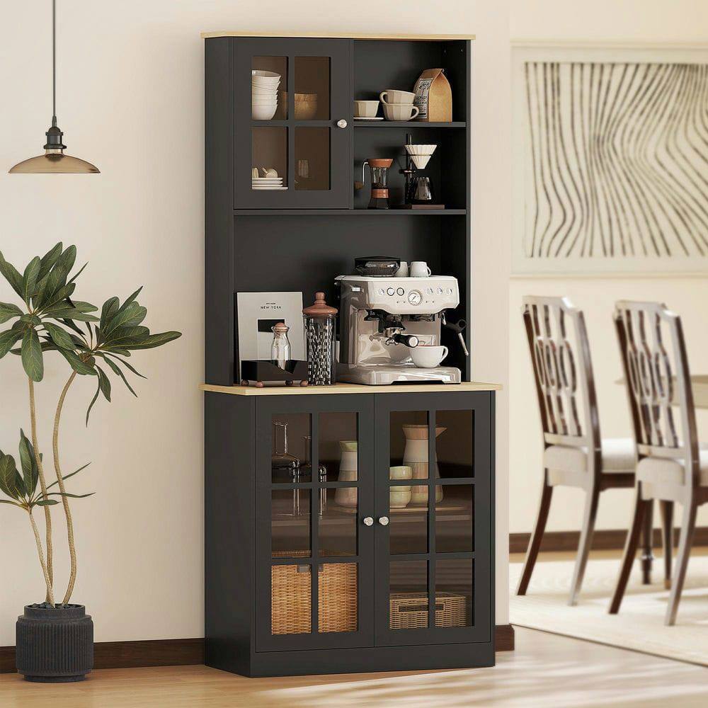 Front. Kadyn - Kitchen Pantry Storage Cabinet, 72" Freestanding Cabinet with Hutch, Large Countertop, Glass Doors, Black - Black.