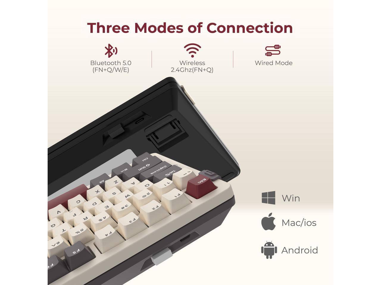 Three Modes of Connection

Bluetooth 5.0 (FN+Q/W/E)  
Wireless 2.4Ghz (FN+Q)  
Wired Mode

Win  
Mac/ios  
Android