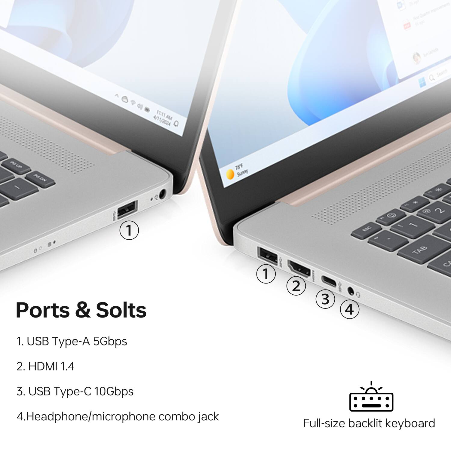 Ports & Slots

1. USB Type-A 5Gbps
2. HDMI 1.4
3. USB Type-C 10Gbps
4. Headphone/microphone combo jack

Full-size backlit keyboard