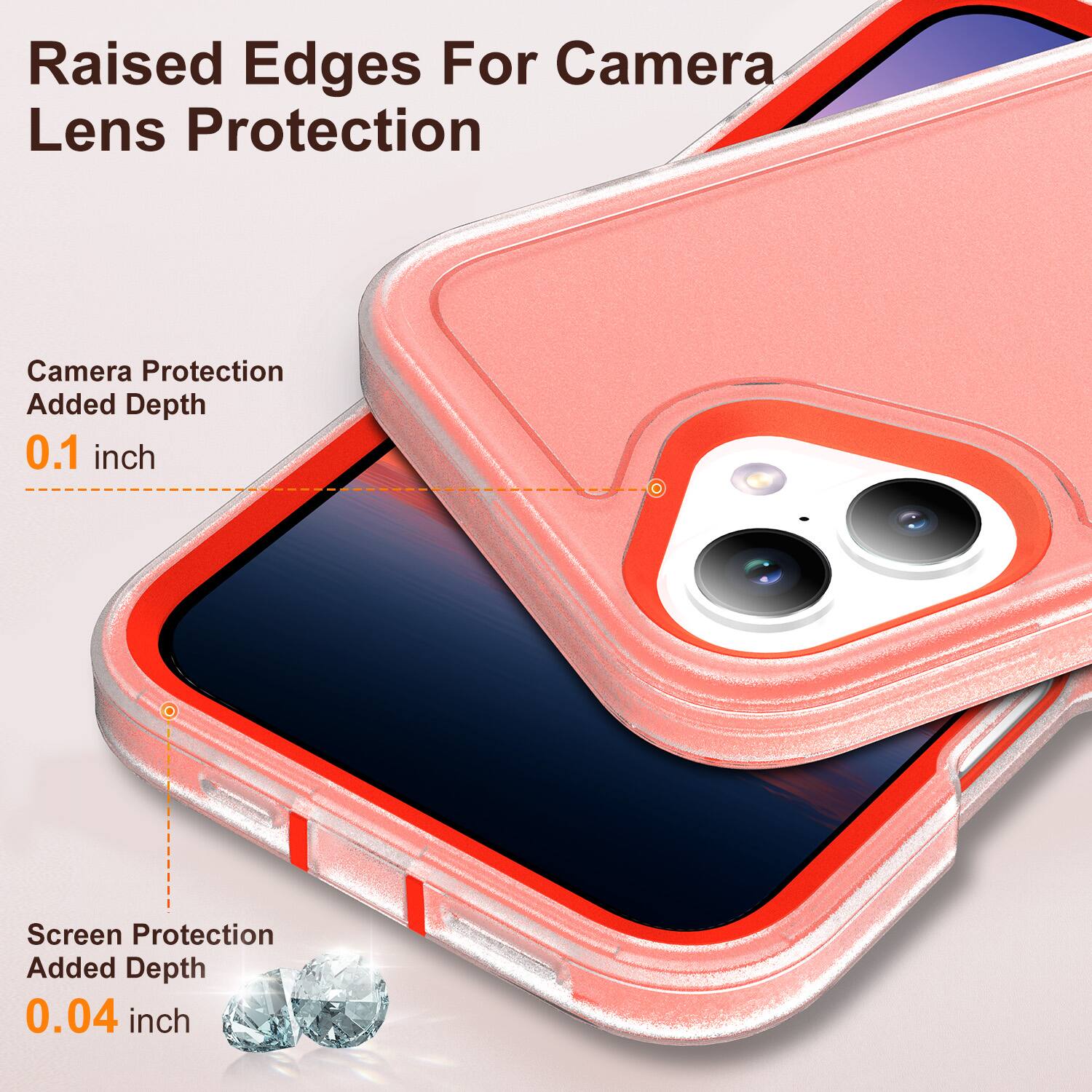 Raised Edges For Camera Lens Protection

Camera Protection Added Depth 0.1 inch

Screen Protection Added Depth 0.04 inch
