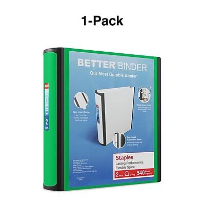 1-Pack  
BETTER BINDER  
Our Most Durable Binder  

Staples  
Lasting Performance, Flexible Spine  
2"  
5440