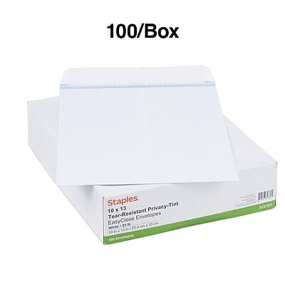 100/Box  
Staples  
10 x 13 Tear-Resistant Instant Privacy-Tint Close Envelopes  
White  
100 Envelopes  
Dimensions: 10.25" x 13.25" (259mm x 336mm)  
EasyClos  
STETSPI