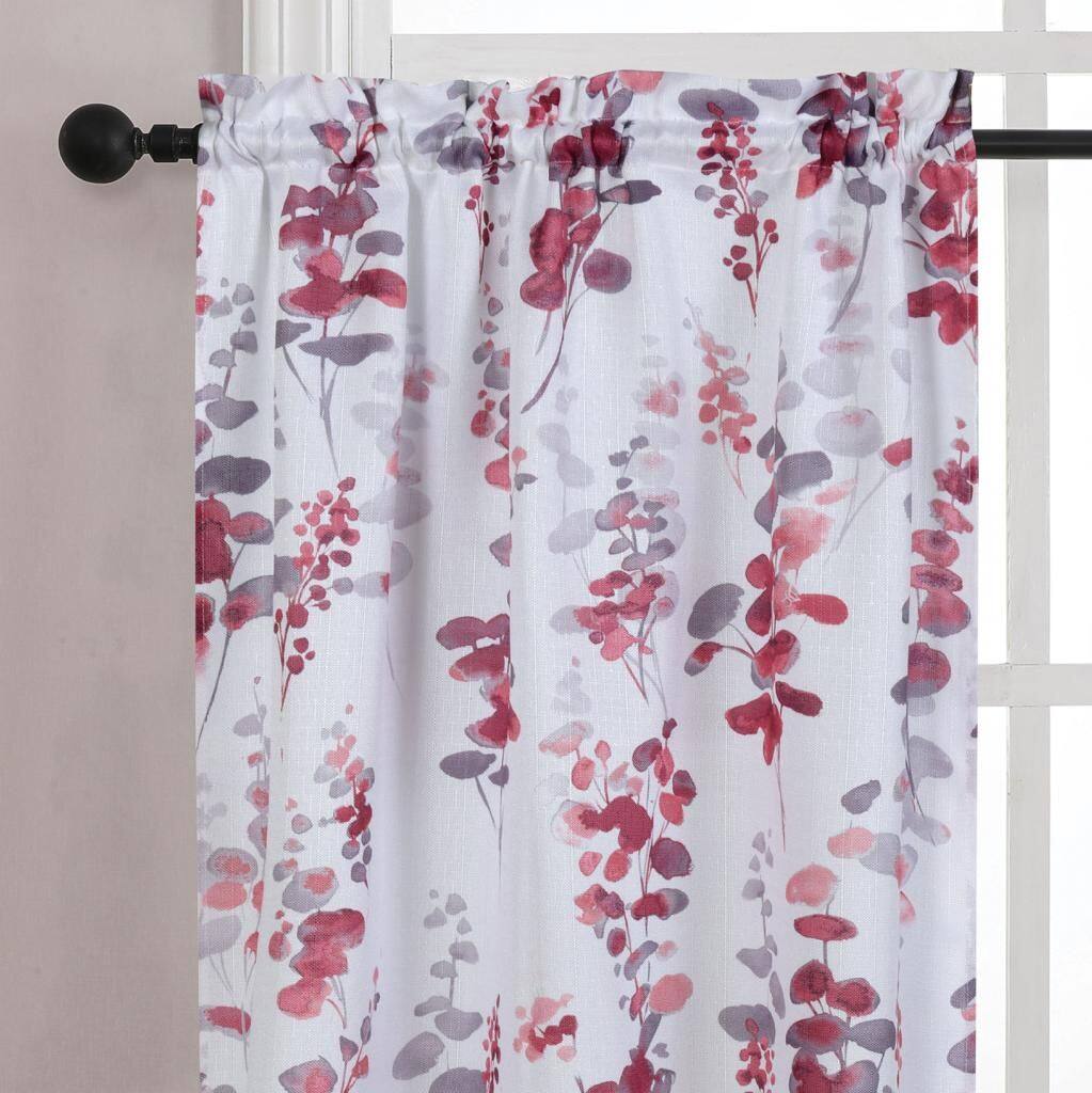 Alt View 1. Kate Aurora - Kate Aurora Watercolor Floral Lillies Complete 3 Piece Rod Pocket Kitchen Curtain Tier & Valance Set - Berry - Berry.