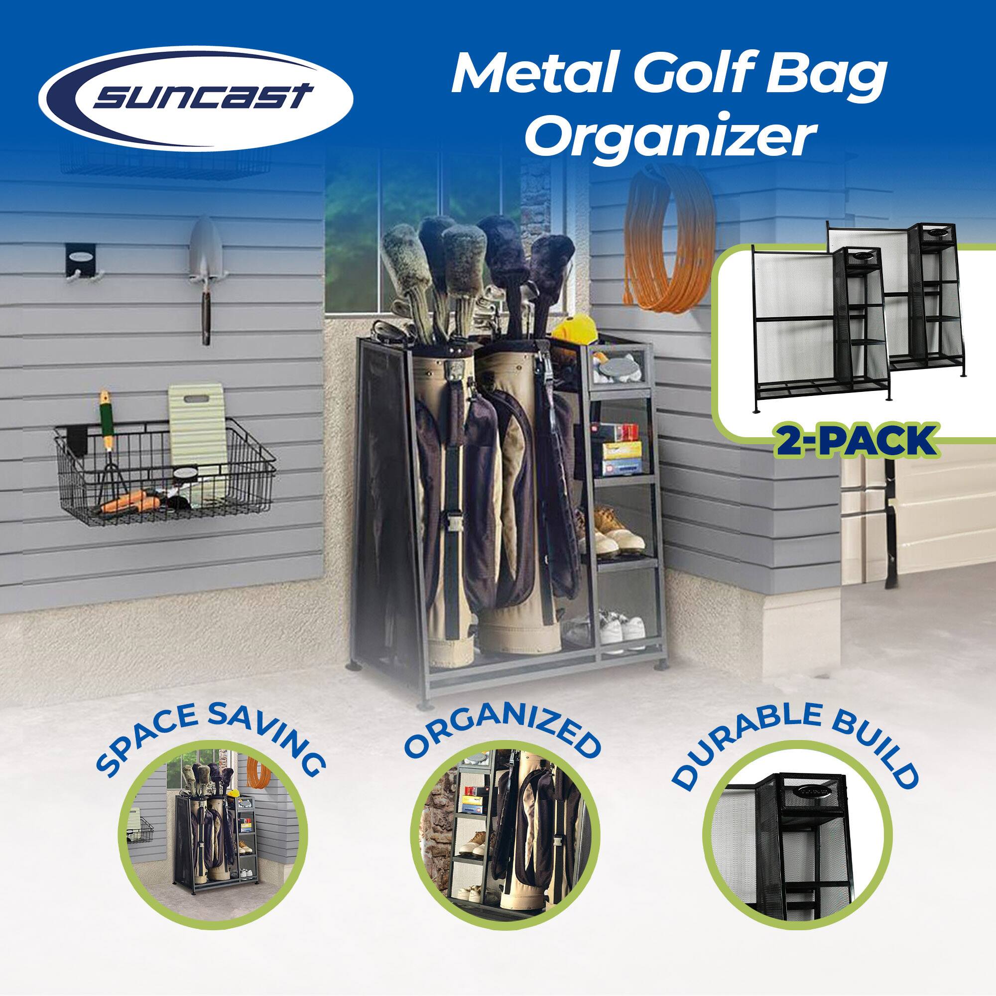Suncast Metal Golf Bag Organizer  
2-Pack  
Space Saving  
Organized  
Durable Build