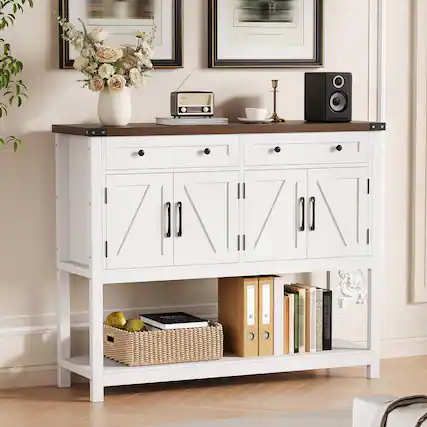 Front. Qeetex - 47.2" Sideboard Buffet Cabinet with 4 Doors, 2 Drawers & Open Shelves, Farmhouse Coffee Bar - White.