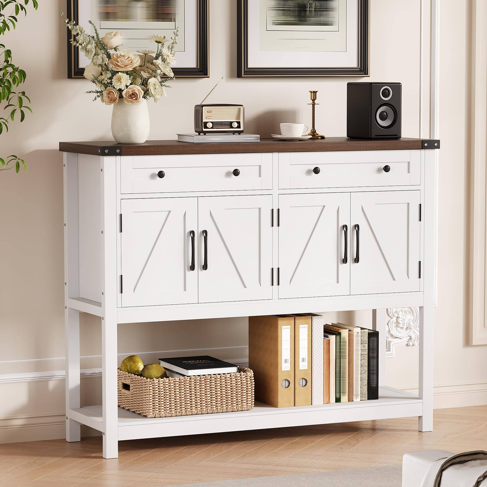 Front. Qeetex - 47.2" Sideboard Buffet Cabinet with 4 Doors, 2 Drawers & Open Shelves, Farmhouse Coffee Bar - White.