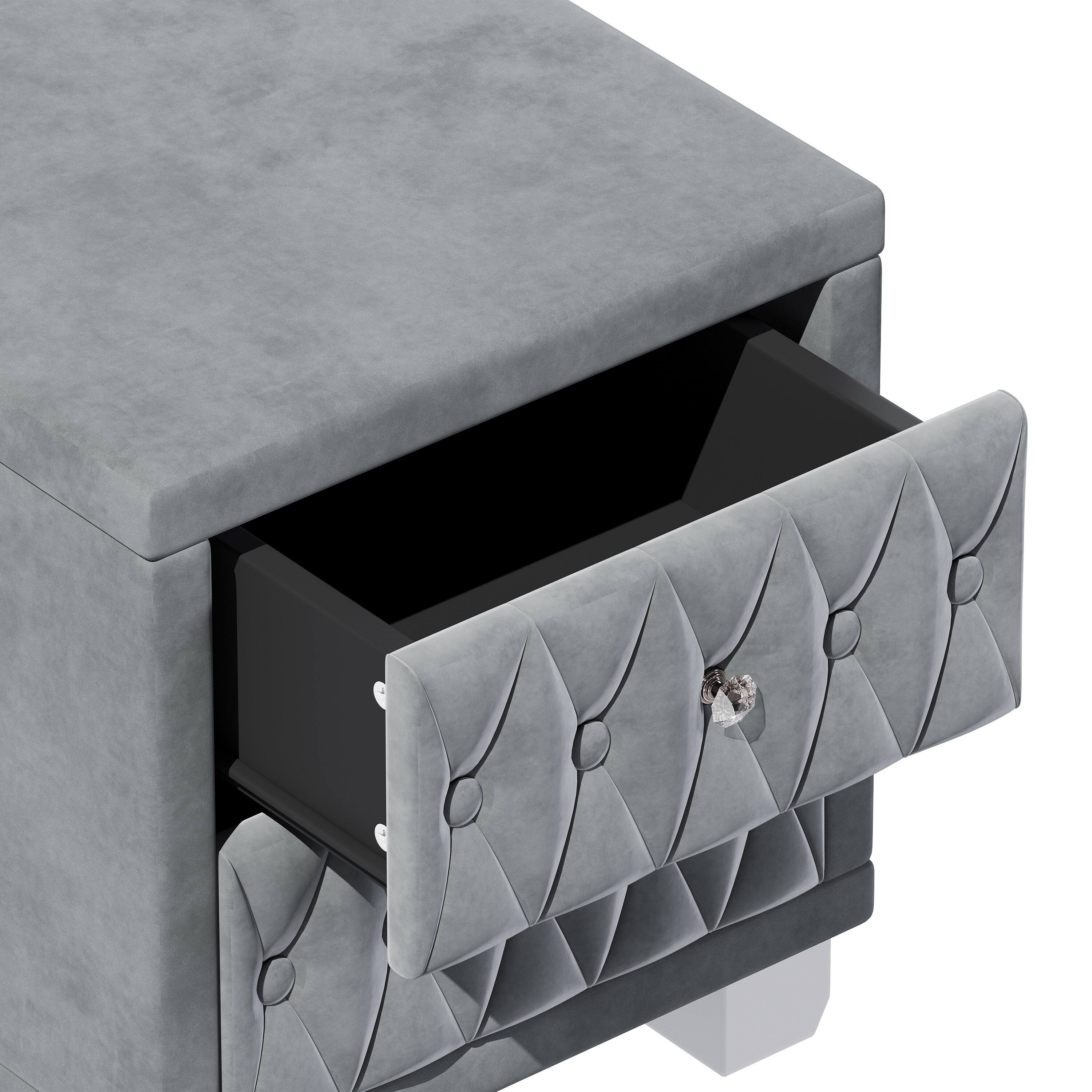Alt View 6. Tiramisubest - Elegant Velvet Nightstand with 2 Drawers and Crystal Handle, Storage Bedside Table with Button-Tufted, Grey - Grey.
