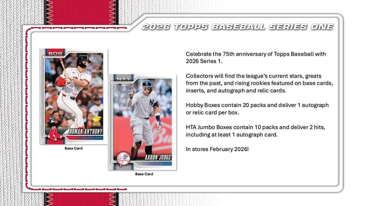 2026 TOPPS BASEBALL SERIES ONE

Celebrate the 75th anniversary of Topps Baseball with 2026 Series 1.

Collectors will find the league's current stars, greats from the past, and rising rookies featured on base cards, inserts, and autograph and relic cards.

Hobby Boxes contain 20 packs and deliver 1 autograph or relic card per box.

HTA Jumbo Boxes contain 10 packs and deliver 2 hits, including at least 1 autograph card.

In stores February 2026!

Base Card

ROMAN ANTHONY OUTFIELDER

Base Card

AARON JUDGE