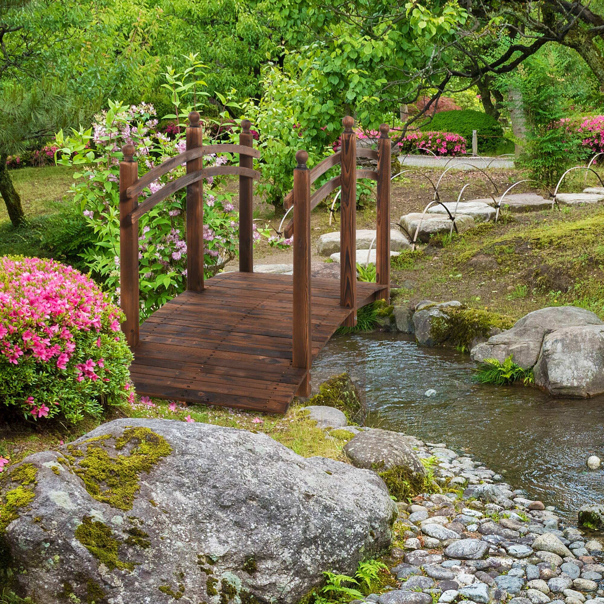 Alt View 1. Outsunny - 7.5' Wooden Arch Garden Bridge, Safety Rails for Backyard Ponds, Creeks, Streams - Carbonized.