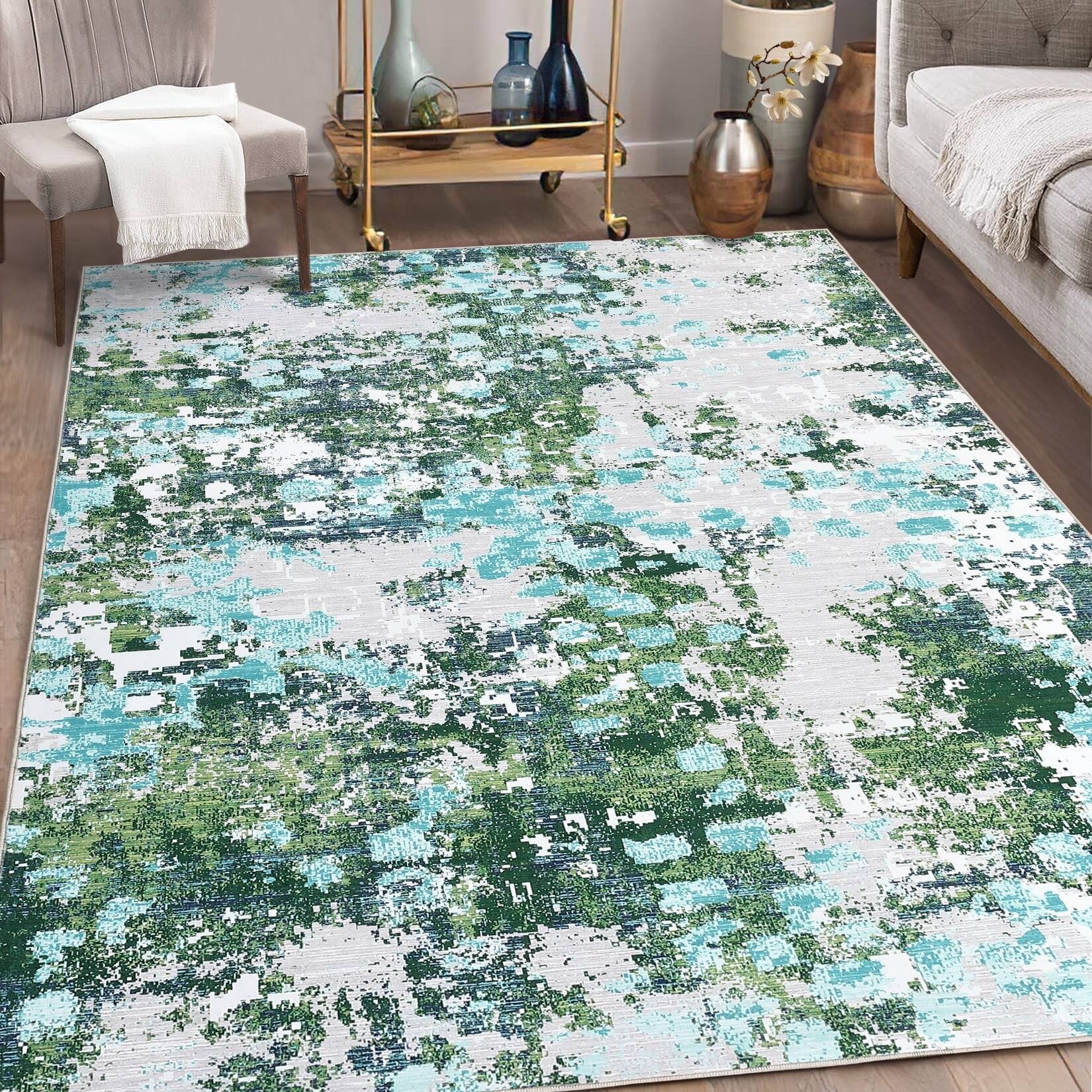 Front. Homhougo - 8x10 Modern Abstract Area Rug, Machine Washable, Non-Slip, Green/Gray - Green/Gray.