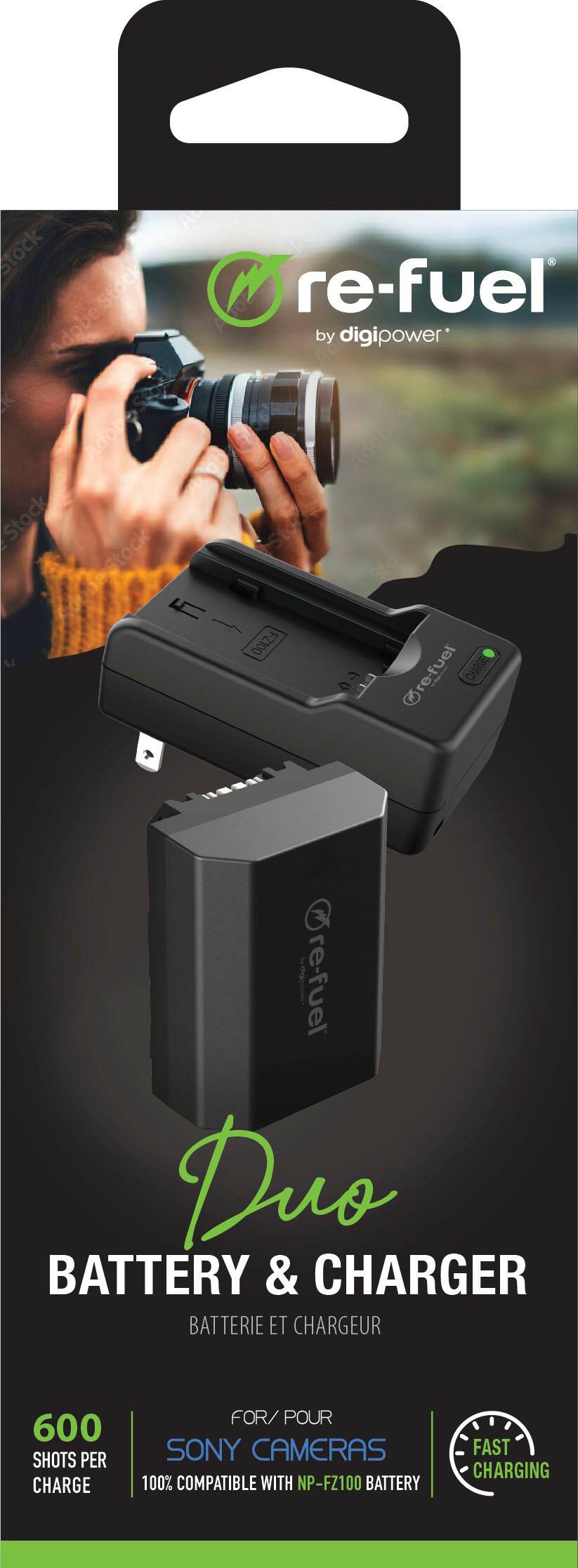 re-fuel  
by digipower

Duo  
BATTERY & CHARGER  
BATTERIE ET CHARGEUR

600 SHOTS PER CHARGE  
FOR/ POUR SONY CAMERAS  
100% COMPATIBLE WITH NP-FZ100 BATTERY  
FAST CHARGING
