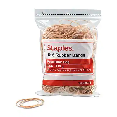 Staples
#16 Rubber Bands
Resealable Bag
1/4 lb - 113 g
2 1/2 in x 1/16 in - 6.4 cm x 0.16 cm
ST28615