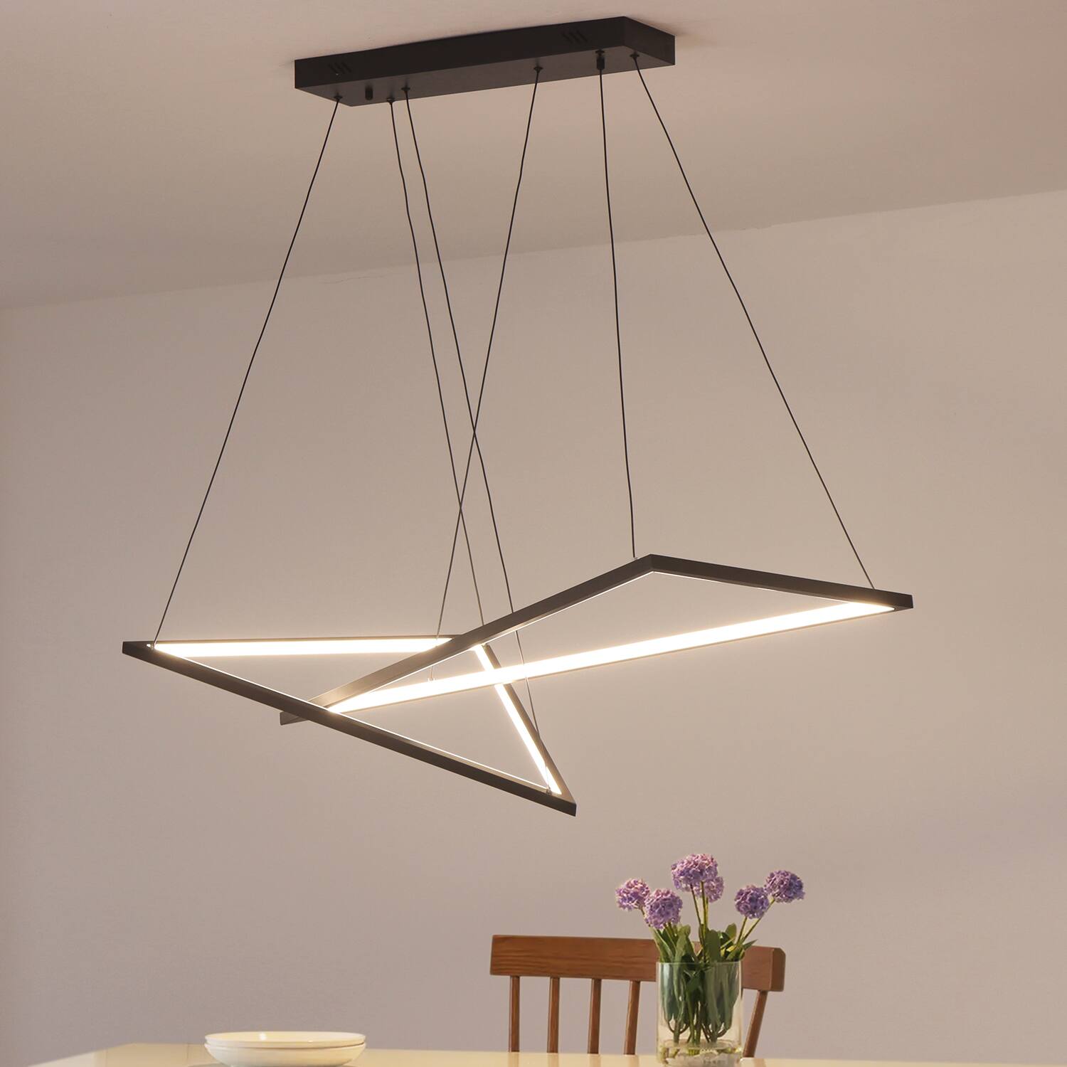 Left. Umeiluce - 47 Inch Modern Geometric Chandelier Linear Kitchen Island Lighting Led Dimmable - Matte Black.