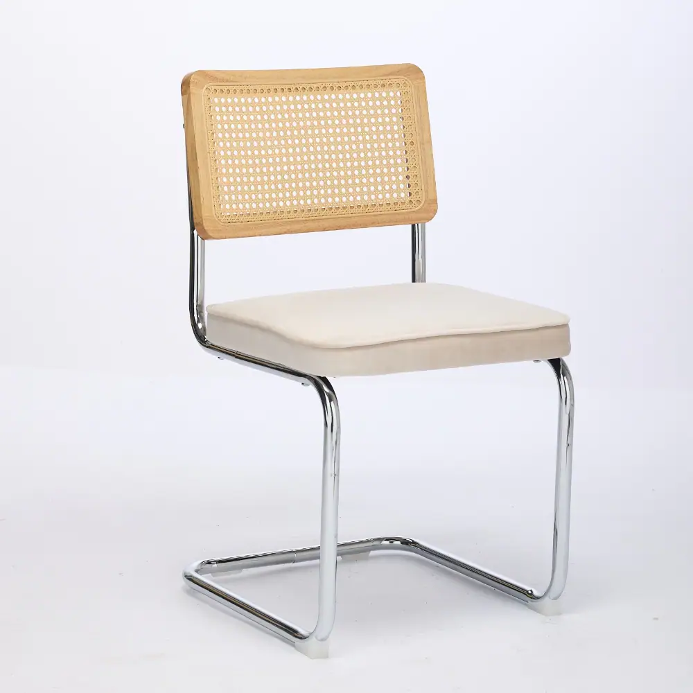 Left. Loheer - Loheer Mid Century Modern Dining Chairs Set of 2 Beige Velvet Accent Chairs Rattan Back Cantilever Chrome Base - Beige.