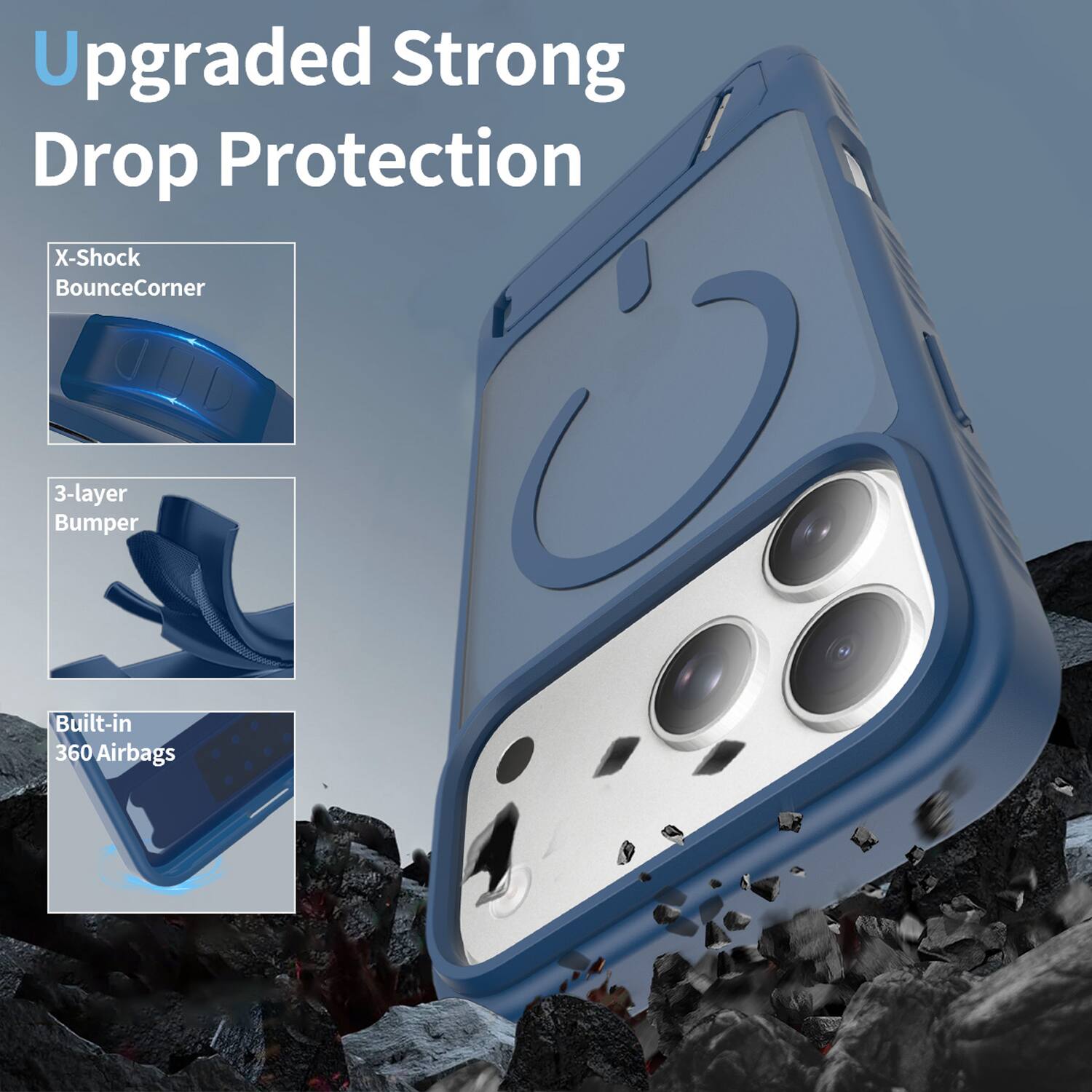 Upgraded Strong Drop Protection

X-Shock BounceCorner

3-layer Bumper

Built-in 360 Airbags