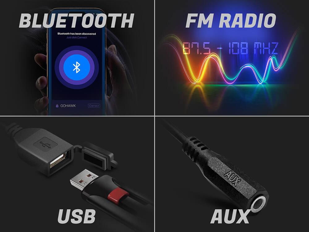 BLUETOOTH  
Bluetooth has been discovered  
Just click Connect  

FM RADIO  
87.5 - 108 MHZ  

USB  

AUX