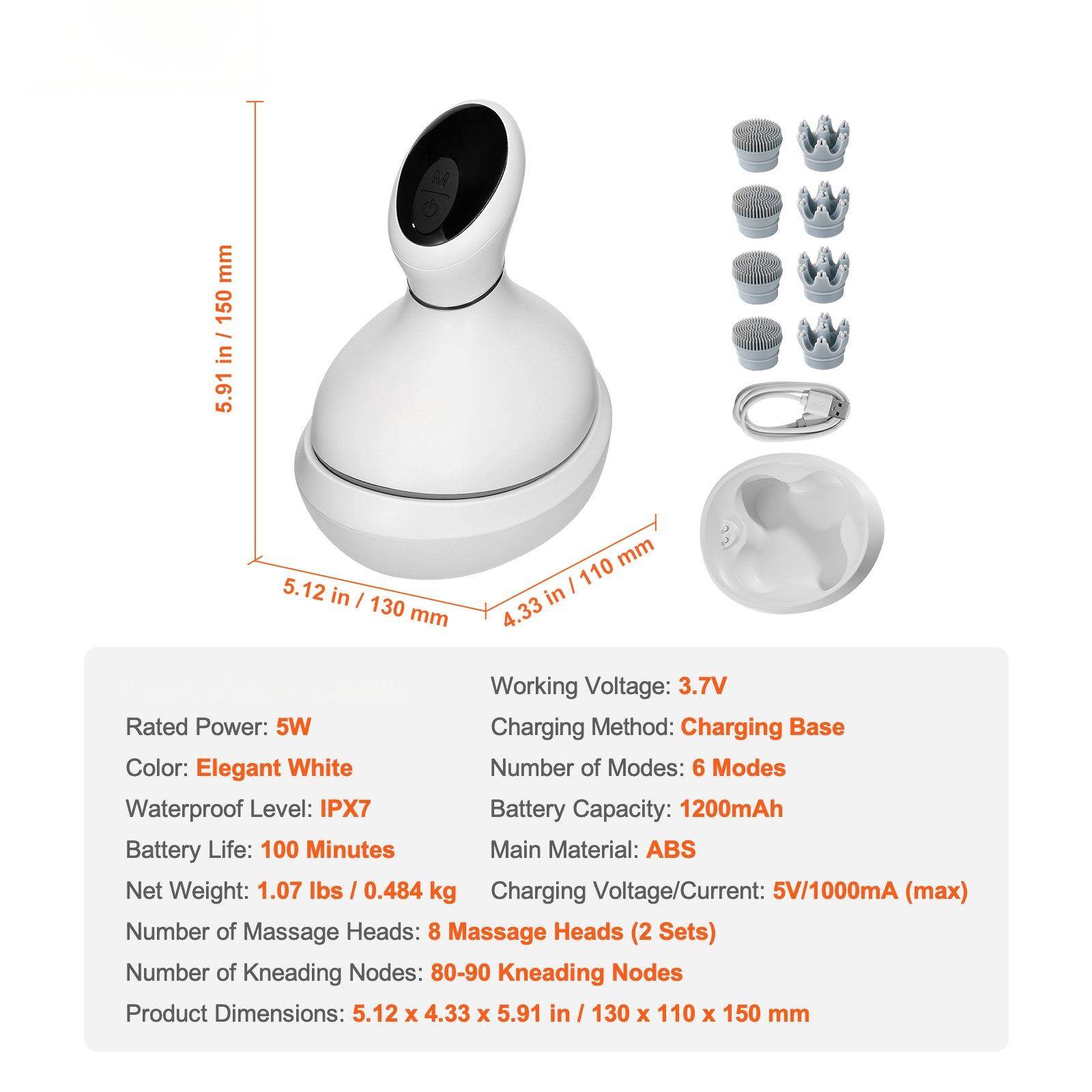 - **Working Voltage:** 3.7V
- **Rated Power:** 5W
- **Charging Method:** Charging Base
- **Color:** Elegant White
- **Number of Modes:** 6 Modes
- **Waterproof Level:** IPX7
- **Battery Capacity:** 1200mAh
- **Battery Life:** 100 Minutes
- **Main Material:** ABS
- **Net Weight:** 1.07 lbs / 0.484 kg
- **Charging Voltage/Current:** 5V/1000mA (max)
- **Number of Massage Heads:** 8 Massage Heads (2 Sets)
- **Number of Kneading Nodes:** 80-90 Kneading Nodes
- **Product Dimensions:** 5.12 x 4.33 x 5.91 in / 130 x 110 x 150 mm

- **Dimensions:**
  - Height: 5.91 in / 150 mm
  - Width: 5.12 in / 130 mm
  - Depth: 4.33 in / 110 mm