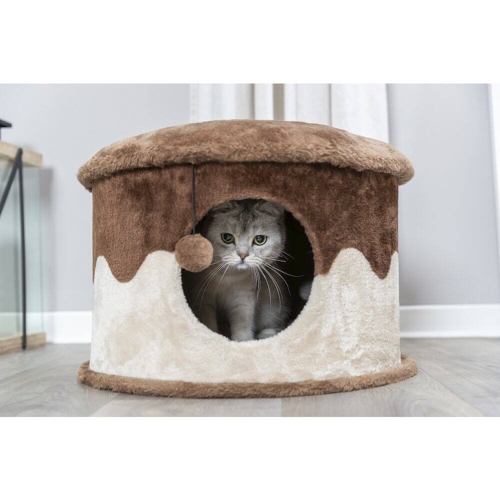 Angle. TRIXIE - Cozy Plush Cover Indoor Cat Condo with a Cat Toy on String, Brown-Beige - Brown.